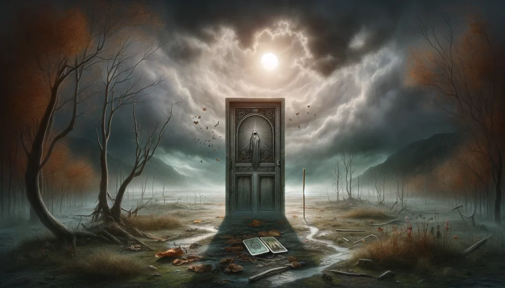  "A poignant visualization portraying a closed door in a desolate landscape, symbolizing a 'No' to the possibility of growth and renewal. The somber imagery underscores the need for introspection and emphasizes the importance of embracing change for positive transformation. Through its evocative depiction, viewers are prompted to contemplate the consequences of resistance to change and the potential for personal growth through introspection and acceptance."