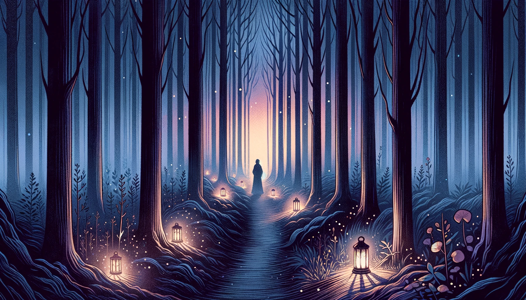 "A captivating visualization portraying a solitary figure navigating a misty, lantern-lit path through a forest at twilight. The imagery symbolizes the personal journey of letting go and the potential for renewal amidst the complexities of change. Through its evocative depiction, viewers are prompted to contemplate the transformative power of releasing the past and embracing new beginnings on the path toward personal growth and renewal."