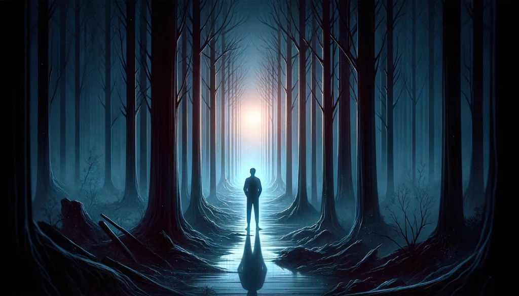 "A thought-provoking visualization depicting a figure at the edge of a dark forest, symbolizing the uncertainty of moving forward and the avoidance of unexplored aspects of oneself. The scene is set against a backdrop that emphasizes introspection and hints at missed opportunities for clarity and understanding. Through its imagery, viewers are prompted to contemplate the complexities of self-exploration and the potential for growth that lies beyond the fear of the unknown."