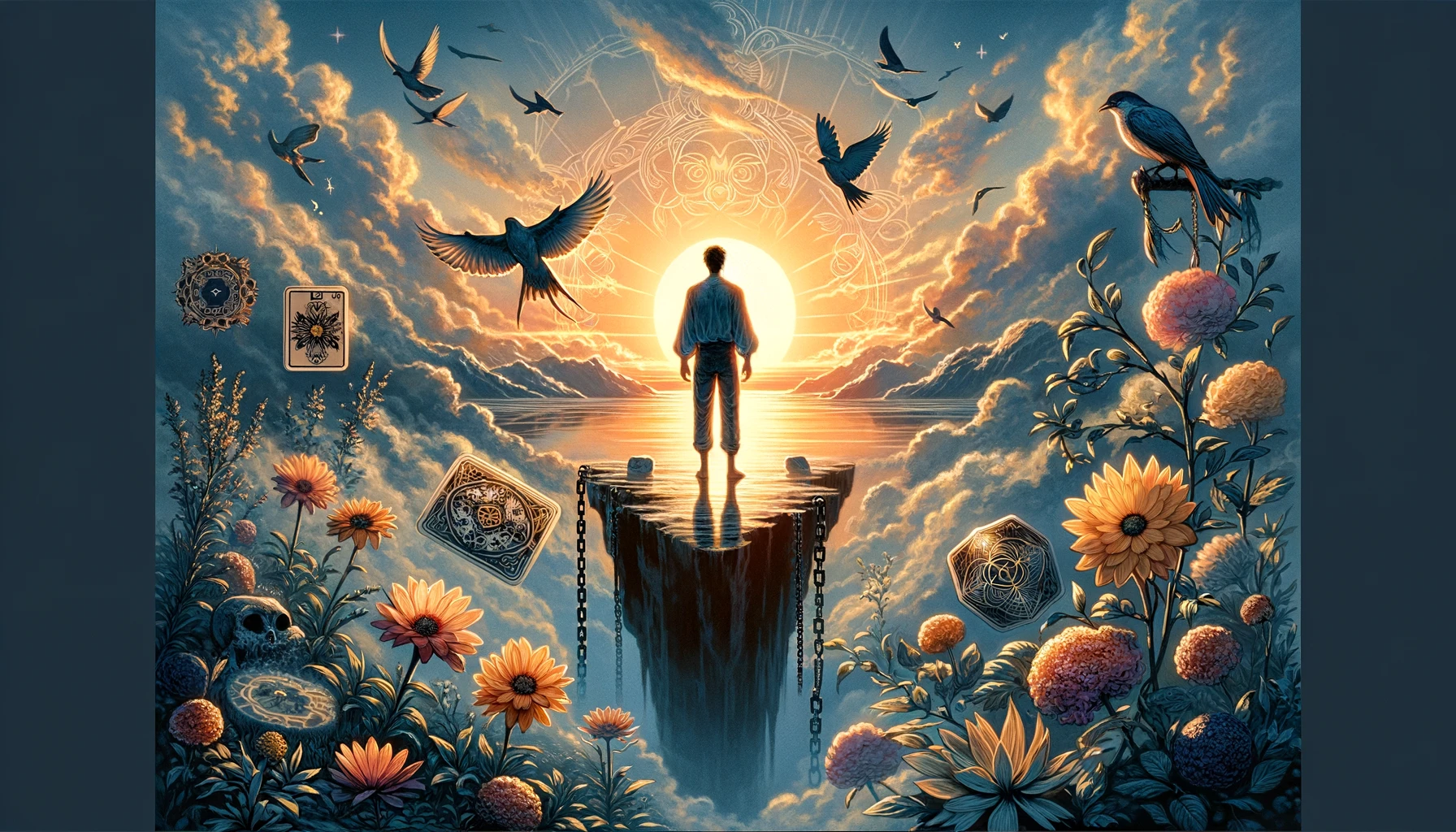 "A powerful visualization depicting an individual at the brink of a transformative moment, gazing towards a horizon illuminated by the dawn of a new day. The scene symbolizes hope, renewal, and the emotional liberation that accompanies embracing one's true path. Surrounding symbols of liberation and awakening emphasize the release from past burdens and the journey towards emotional well-being and fulfillment. Through its imagery, viewers are invited to contemplate the transformative power of embracing change and the potential for personal growth and renewal."