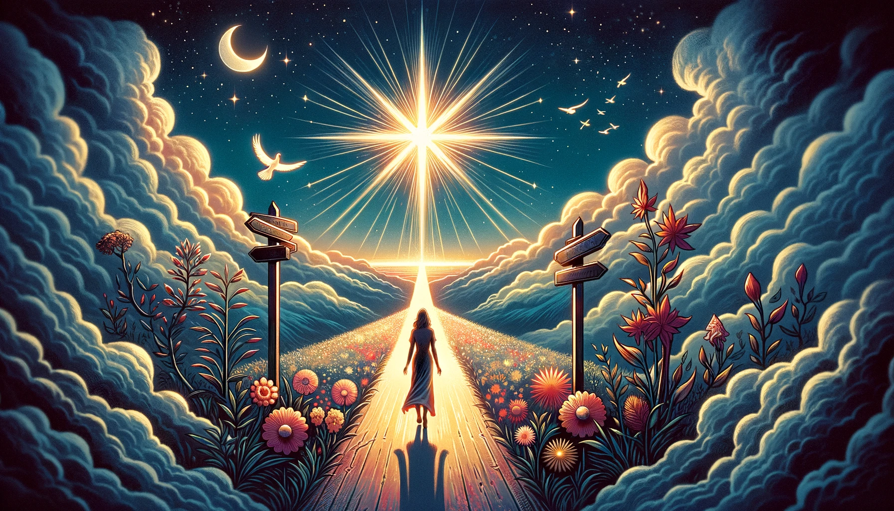 "An evocative visualization portraying a figure at a crossroads, gazing up to a radiant figure in the sky symbolizing the moment of decision and the call to embrace one's true potential. Surrounding elements signify renewal, awakening, and the promise of a new beginning. The hopeful and determined atmosphere is intensified by a color palette blending the tranquil hues of dawn with vibrant sunrise colors, reflecting the profound impact of answering the call to action. Through its imagery, viewers are invited to contemplate the transformative power of decisive choices and the journey towards self-realization and growth."