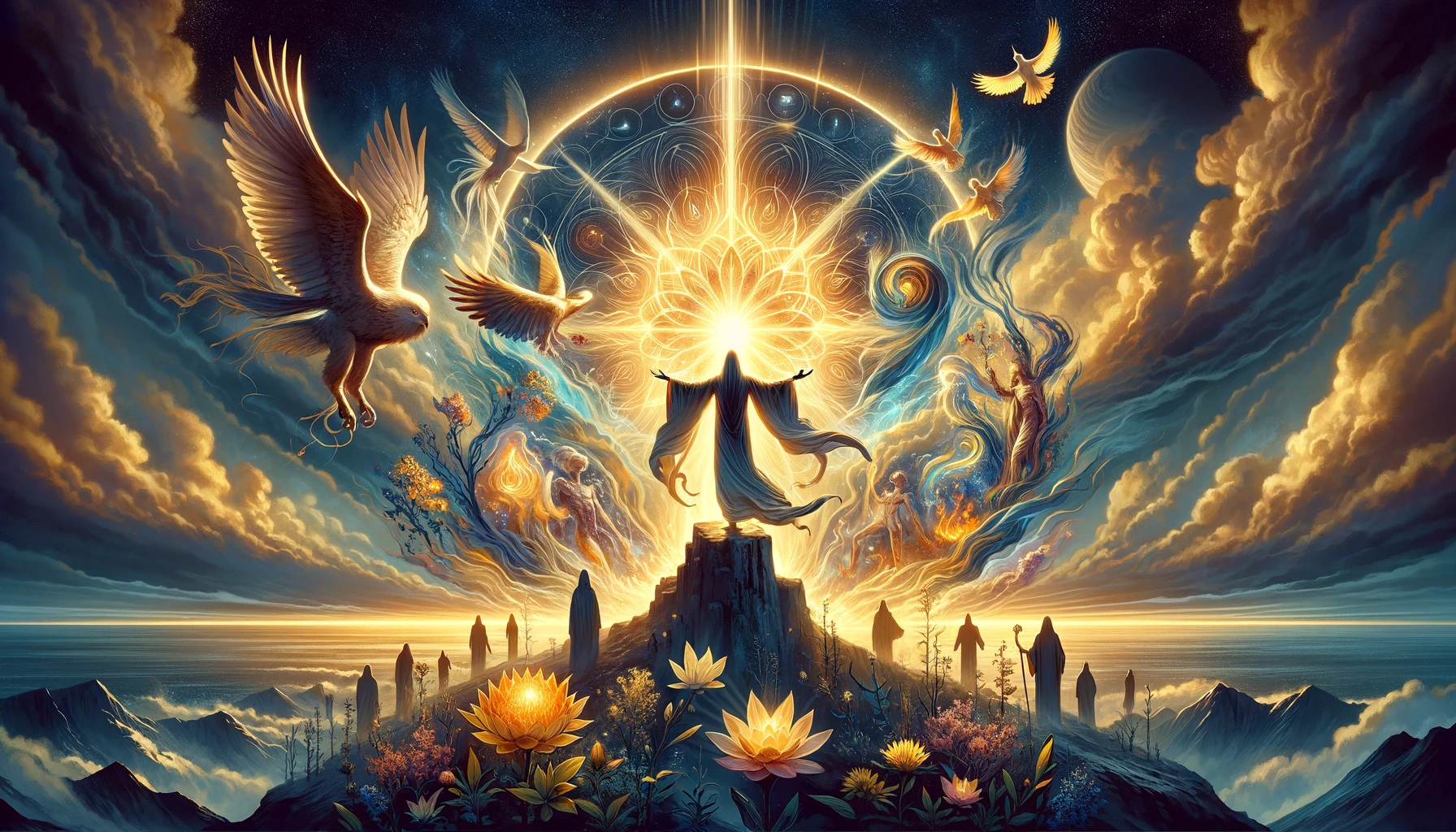 "A powerful visualization depicting the figure of Judgment as a guiding force, surrounded by symbols of transformation and new beginnings. The scene unfolds against a backdrop of a dramatic dawn sky, symbolizing the dawning of awareness and the start of a new chapter in one's life. Through its imagery, viewers are invited to contemplate the transformative journey of self-realization and the potential for growth and renewal inherent in embracing change."