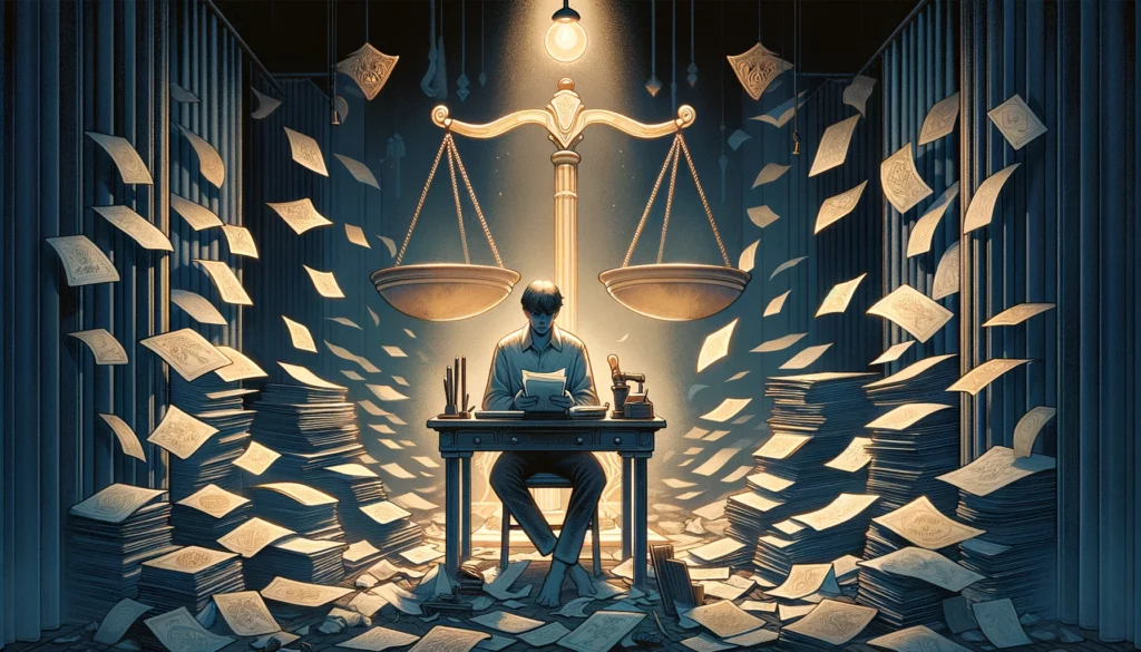"This visualization depicts a solitary figure amidst confusion and lack of clarity, symbolized by a cluttered desk and dim lighting, with the scales of justice tipped and obscured in the background, reflecting the struggle for fairness. The atmosphere of introspection and determination is conveyed through a color palette of muted blues, grays, and subtle golds, highlighting the emotional journey towards a hoped-for balance and resolution. Through its imagery, viewers are prompted to contemplate the challenges of seeking fairness and the resilience required to navigate through uncertainty towards eventual resolution."