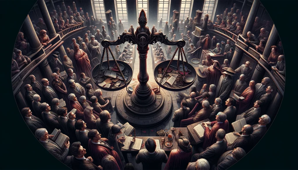  "Set in a chaotic courtroom, the scene features an unbalanced scale of justice, surrounded by individuals expressing confusion and dismay, capturing the disruption of fairness and the impact of biased judgments. The tense and disordered atmosphere, highlighted by a color palette of dark grays, deep reds, and shadows, underscores the murky ethics and the lack of clarity in situations where justice is not served, emphasizing the need for rectifying imbalances and striving towards equitable resolutions. Through its imagery, viewers are prompted to reflect on the consequences of biased judgments and the importance of upholding fairness and integrity in legal proceedings and societal governance."