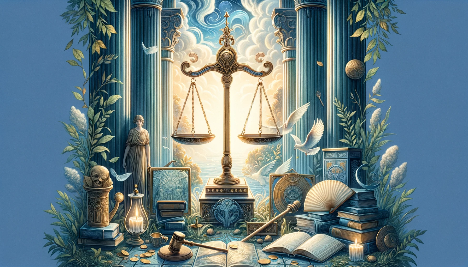"In this visualization, the pursuit of fairness, balance, and truth is depicted in a tranquil environment adorned with symbols of justice, suggesting a serene and contemplative nature. The peaceful background and elements of nature reflect the emotional state of seeking justice and balance, with a color palette of soft blues, greens, and golds emphasizing clarity, peace, and stability. Through its imagery, viewers are invited to contemplate the quest for truth and the importance of maintaining equilibrium in decision-making processes."
