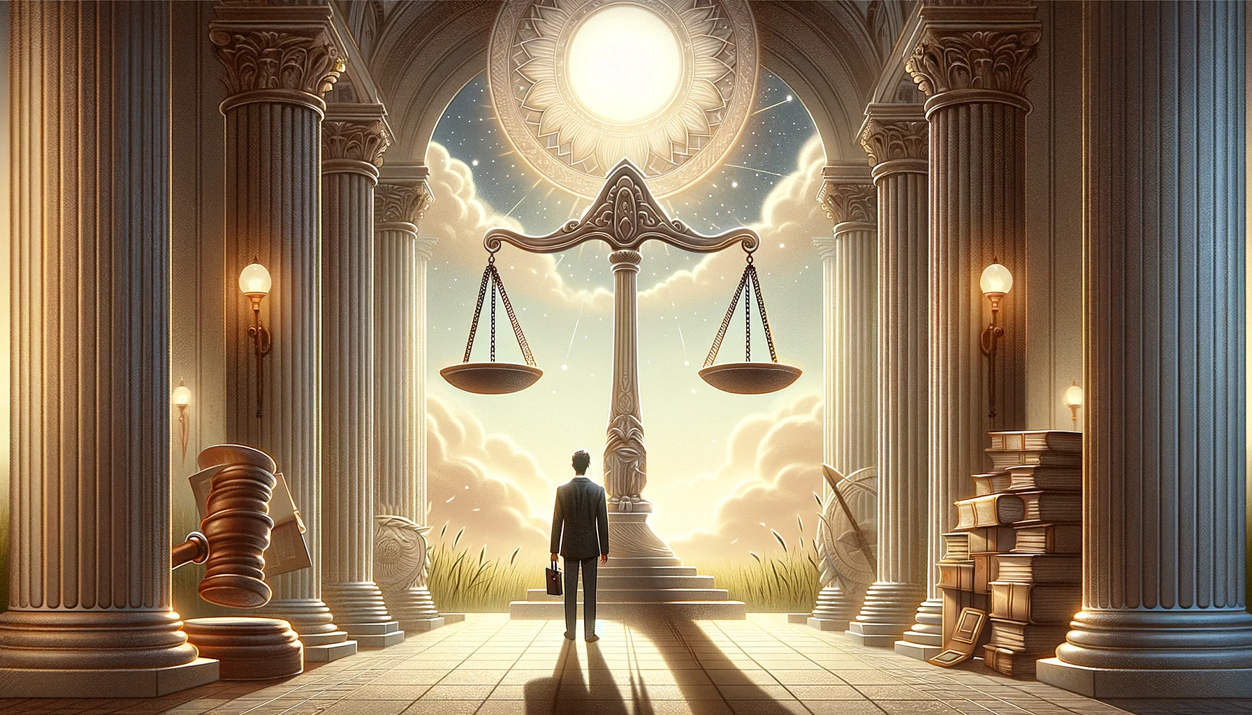 "In this visualization, an individual stands before a perfectly balanced scale, set against a backdrop representing a quest for a just and equitable resolution, enhanced by symbols of order and harmony. The atmosphere of clarity and resolution is conveyed through a color palette that underscores the purity and calmness of achieving fairness, highlighting the individual's hope and determination for balance. Through its imagery, viewers are prompted to contemplate the pursuit of justice and the significance of fairness in decision-making."