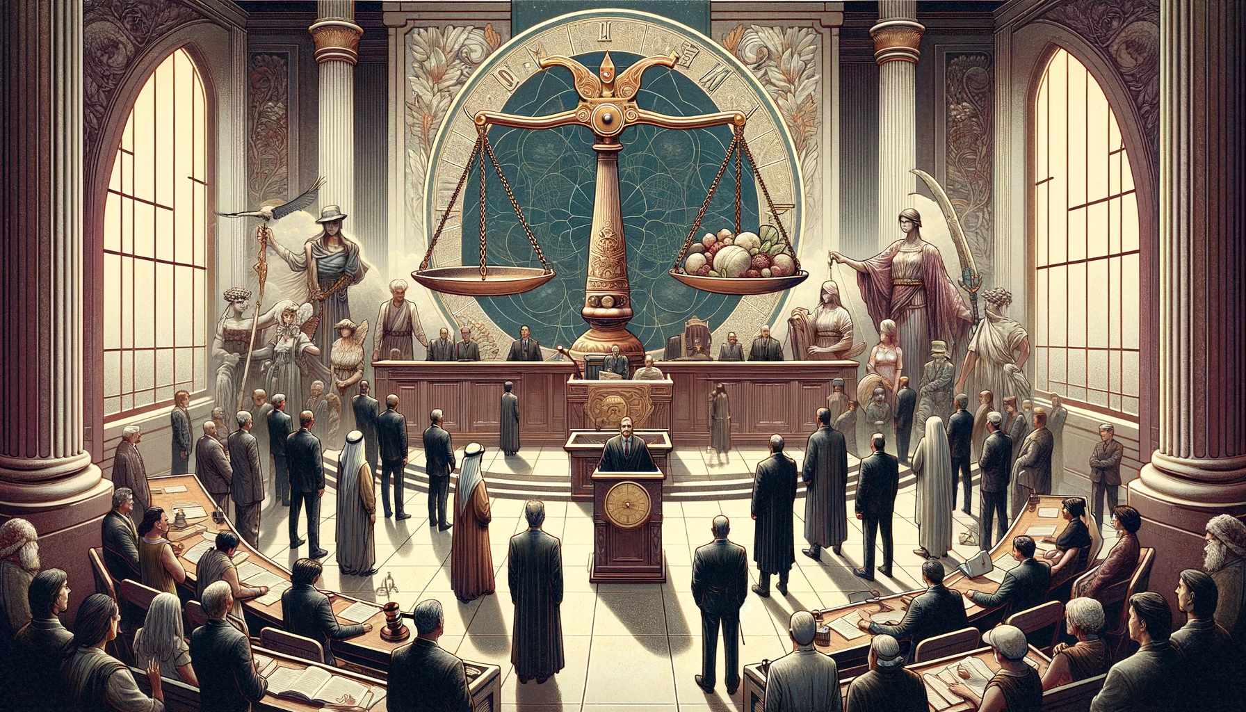 "Set in a courtroom, the visualization features a large scale symbolizing the weighing of evidence and the impartial judgment of diverse individuals before it. The balanced scale and legal symbols underscore the principles of fairness, equality, and the rule of law, set against a backdrop that conveys solemnity and respect for justice, with a color palette emphasizing clarity, neutrality, and the objective nature of justice in guiding actions and resolving disputes. Through its imagery, viewers are prompted to contemplate the importance of upholding fairness and impartiality in legal proceedings and societal governance."