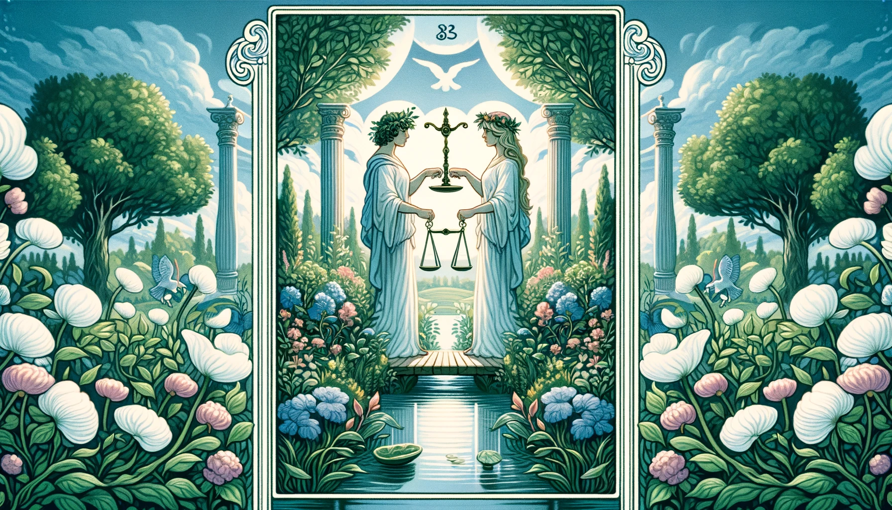 "Two figures stand facing each other, holding a balanced scale, symbolizing a partnership founded on mutual respect and honesty. The tranquil backdrop of a lush, orderly garden emphasizes the harmonious resolution achievable in relationships guided by the ideals of justice. The color palette underscores clarity, purity, and the peaceful equilibrium that characterizes fair and equitable love outcomes. Through its imagery, viewers are invited to contemplate the importance of fairness and honesty in fostering harmonious relationships."