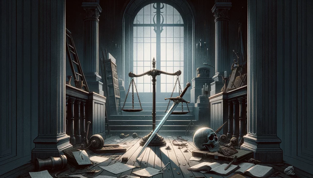 "A somber visualization depicting a courtroom setting with an unbalanced scale and a discarded sword, symbolizing the failure to maintain fairness and moral integrity. The atmosphere is marked by disorder and chaos, capturing the essence of the Reversed Justice card. Emphasizing the need for self-examination and the pursuit of rectifying wrongs to restore balance, the scene prompts viewers to contemplate the consequences of injustice and the importance of upholding ethical principles in maintaining societal harmony."