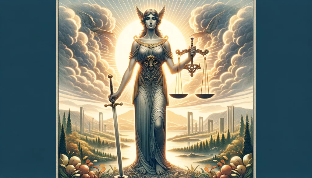  "A compelling visualization depicting a majestic figure embodying the ideals of impartial judgment and moral integrity, standing with a balanced scale and a sword pointed upwards. The figure is set against a serene and orderly landscape, reflecting the peace and stability that justice brings to society. The chosen color palette emphasizes clarity, purity, and the strength of ethical principles, perfectly capturing the essence of the Upright Justice tarot card. Through its imagery, viewers are invited to contemplate the importance of fairness and ethical conduct in fostering harmony and balance in the world."




