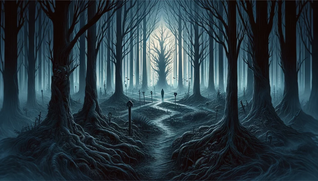 "A compelling visualization depicting a dense, foggy forest at dusk with a lone figure standing at a crossroads, symbolizing hesitation and the challenge of moving forward. The scene conveys a mood of introspection and the potential for eventual transformation despite initial reluctance. Through its evocative imagery, viewers are prompted to contemplate the complexities of decision-making and the journey towards personal growth amidst uncertainty."




