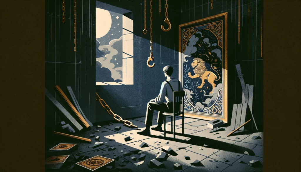  "In this visualization, a figure stands in a shadowy room, reflecting on a broken chain or a tamed lion depicted in a painting, symbolizing internal conflict and the quest for personal empowerment. The introspective and somber mood is conveyed through a color palette of muted grays, deep blues, and subtle hints of gold, emphasizing the emotional turmoil and the potential for growth through facing and overcoming personal challenges."




