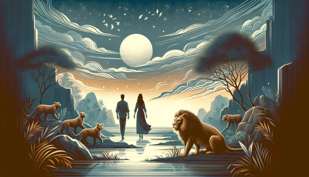  "This visualization depicts a couple facing away from each other, symbolizing distance and misunderstanding, with a restlessly roaming lion representing unresolved issues and fears. Set against a backdrop of dusk or twilight, the scene conveys a period of uncertainty and transition, with a color palette of muted blues, grays, and subtle hints of amber reflecting the complexity of emotions and the potential for growth through facing and overcoming challenges. Through its imagery, viewers are prompted to contemplate the dynamics of relationships and the importance of communication and resolution in overcoming obstacles."




