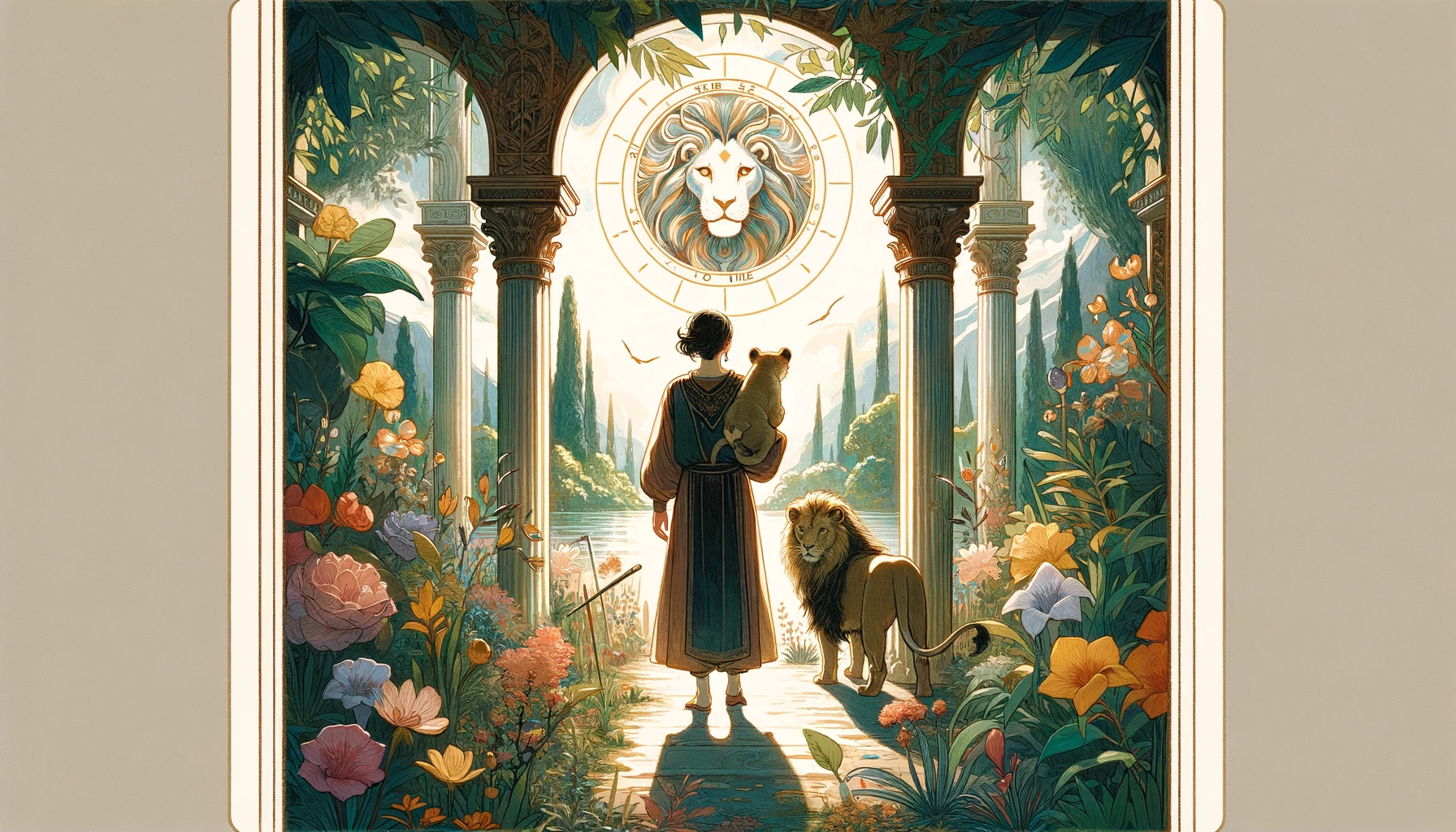 "In this visualization, a figure stands in a tranquil garden, gently holding a small lion, symbolizing the balance between courage and compassion, and the mastery of one's fears. The lush and vibrant garden represents the growth and harmony that result from inner strength, with a mood of calm and empowerment conveyed through a color palette of rich greens, warm golds, and soft blues, reflecting the peaceful yet powerful nature of the feelings evoked by the Strength card."
