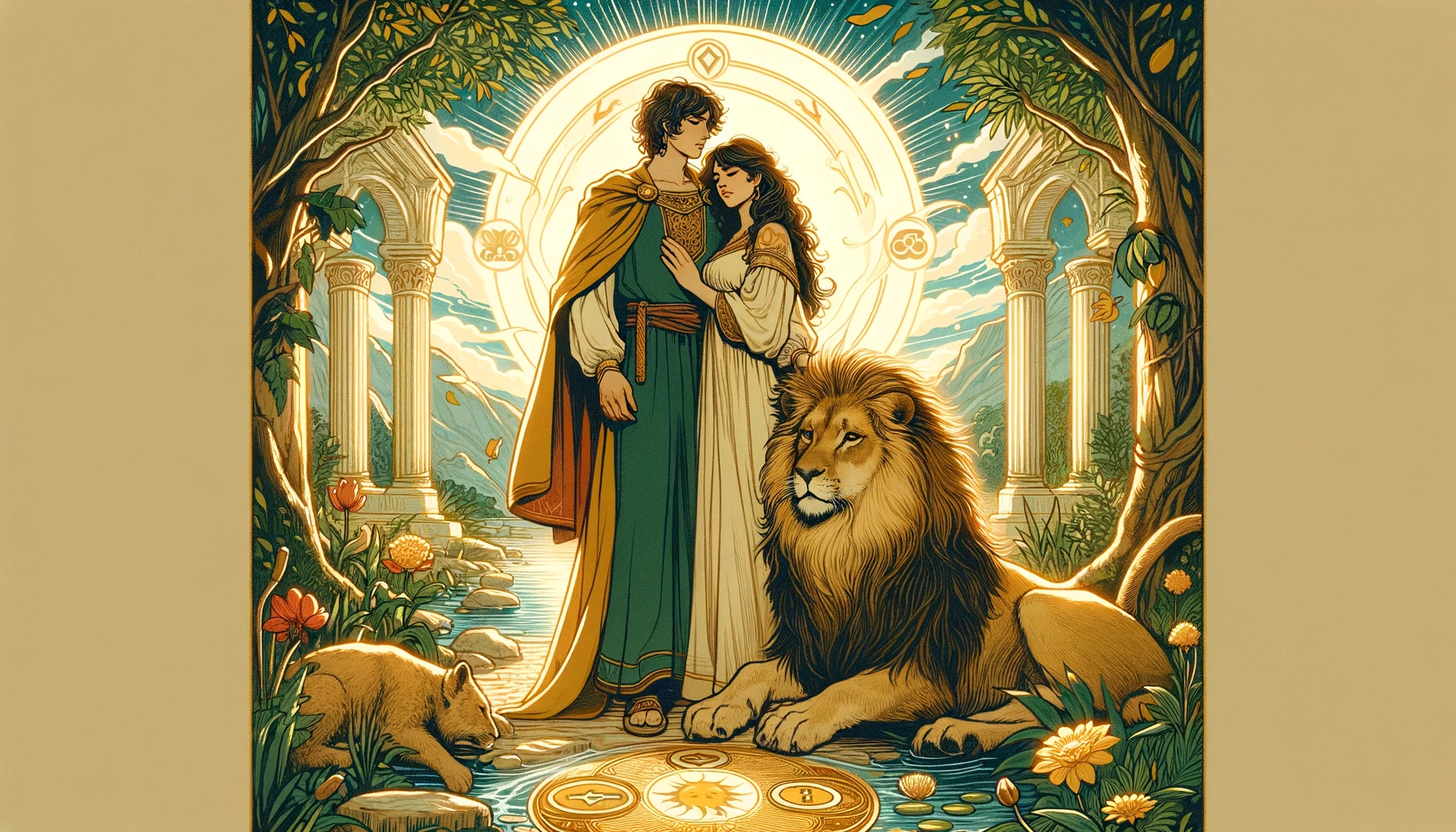 "In this visualization, a couple stands united in mutual support with a lion, symbolizing the mastery of challenges through understanding and gentle force, set in a peaceful and lush environment signifying the growth and stability from a relationship built on strong emotional foundations. The atmosphere of harmony and empowerment is conveyed through a vibrant color palette, reflecting the nurturing and uplifting aspects of love that triumph over adversity. Through its imagery, viewers are invited to contemplate the strength and resilience found in supportive relationships."