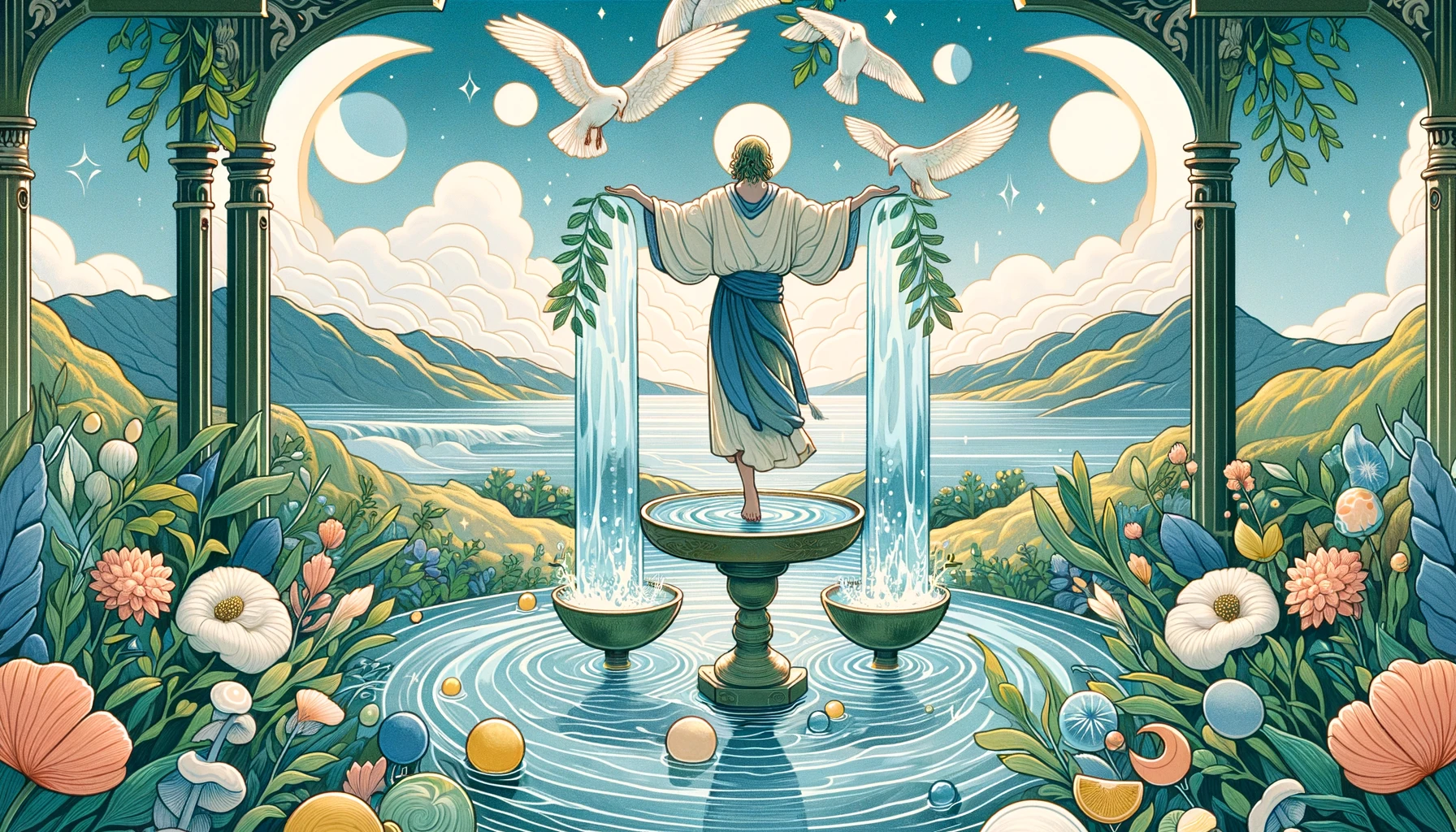 "In a serene setting, a figure balances water between two vessels, symbolizing integration and equilibrium. Soft blues, greens, and whites evoke calmness and healing energy, reflecting the peaceful and optimistic mood of the Temperance card's influence."