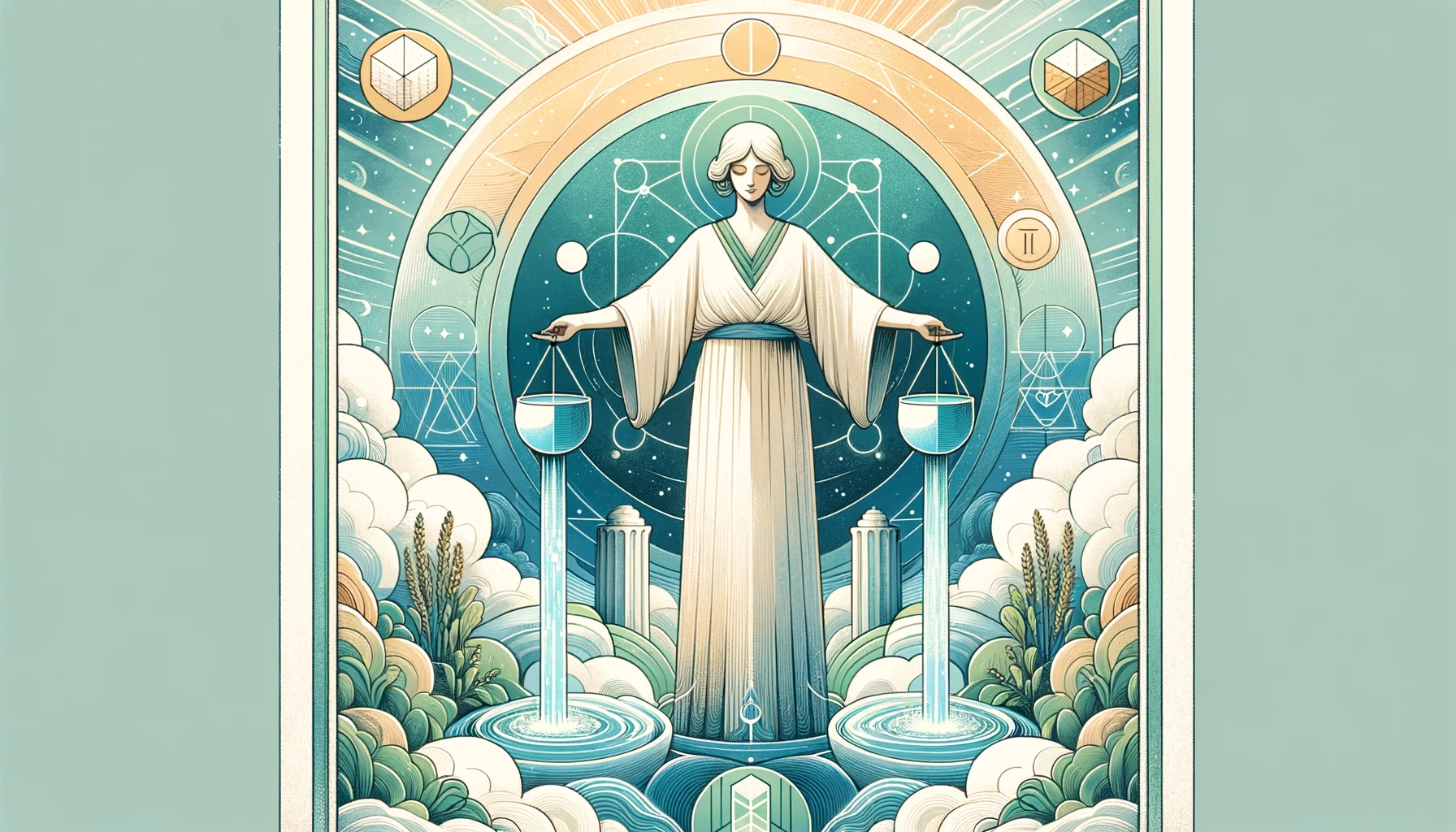 "The figure of Temperance stands in serenity amidst balanced elements, symbolizing the integration and harmony of life's facets. Soft blues, greens, and whites convey a tranquil, purifying, and healing ambiance."