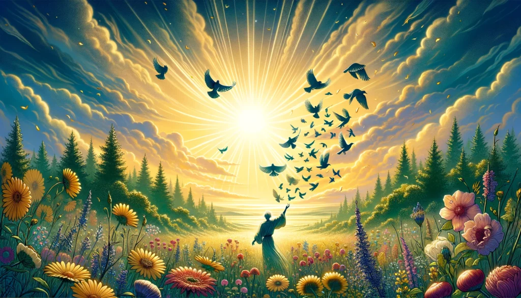 "A powerful visualization portraying the essence of letting go, embracing change, and the beauty of new beginnings. The scene features the symbolic release of birds against the backdrop of a warm, golden light from the rising sun. Through its evocative imagery, viewers are invited to contemplate the transformative nature of releasing the past and embracing the promise of renewal and growth."