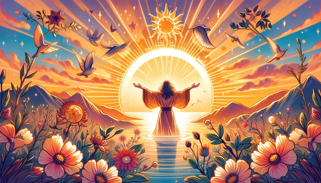 "A captivating visualization capturing an individual in a moment of profound clarity and liberation, symbolized by the rising sun and a vibrant landscape reflecting growth, rejuvenation, and positive transformation. The scene embodies the essence of the Upright Judgment card in the realm of emotions, inviting contemplation on the transformative power of self-awareness and the journey towards emotional fulfillment and renewal."