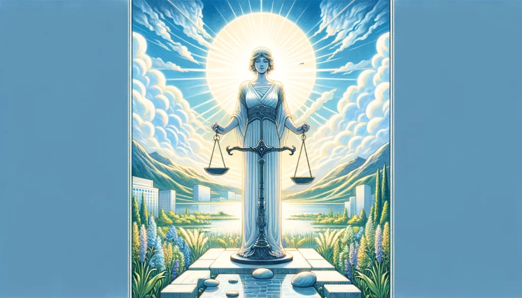  "In this visualization, an individual stands confidently with a balanced scale, set against a clear, serene sky and a well-ordered environment, symbolizing the clarity and peace of mind that comes from living in harmony with one's principles. The uplifting and reassuring mood is highlighted by a color palette of bright blues, whites, and greens, emphasizing the purity, tranquility, and rejuvenation associated with the card's influence on emotions. Through its imagery, viewers are encouraged to reflect on the sense of balance and inner peace attained through alignment with one's values."