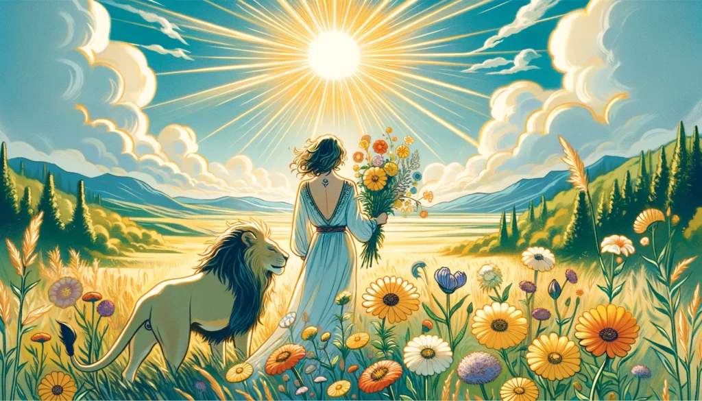 "In this visualization, a figure stands in a sunlit field, accompanied by a gentle lion, symbolizing empowerment, courage, and the joy of overcoming personal limitations. The vibrant landscape conveys freedom and growth, with a mood of triumph and serenity highlighted by a color palette of vibrant greens, sunny yellows, and radiant blues, reflecting the uplifting nature of the feelings evoked by the card."