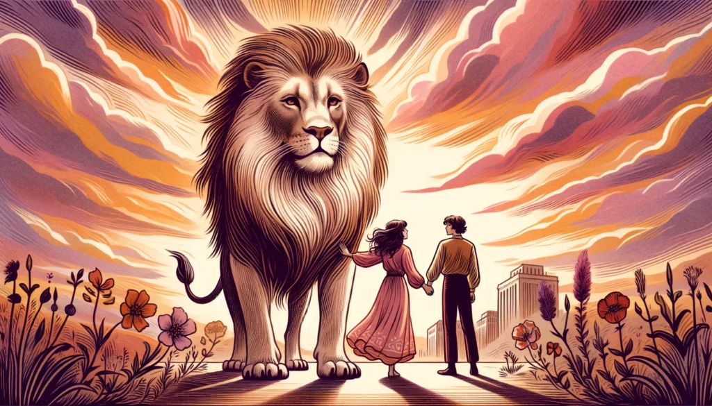 "In this visualization, a couple stands together, facing a gentle lion with calmness and kindness, set against a warm and inviting backdrop symbolizing hope and the beginning of a new chapter in their relationship. The atmosphere of optimism and unity is beautifully conveyed through a color palette of soft oranges, pinks, and purples, reflecting the warmth, passion, and tenderness of a relationship empowered by the qualities of the Upright Strength card. Through its imagery, viewers are invited to contemplate the transformative power of compassion and unity in overcoming challenges within relationships."




