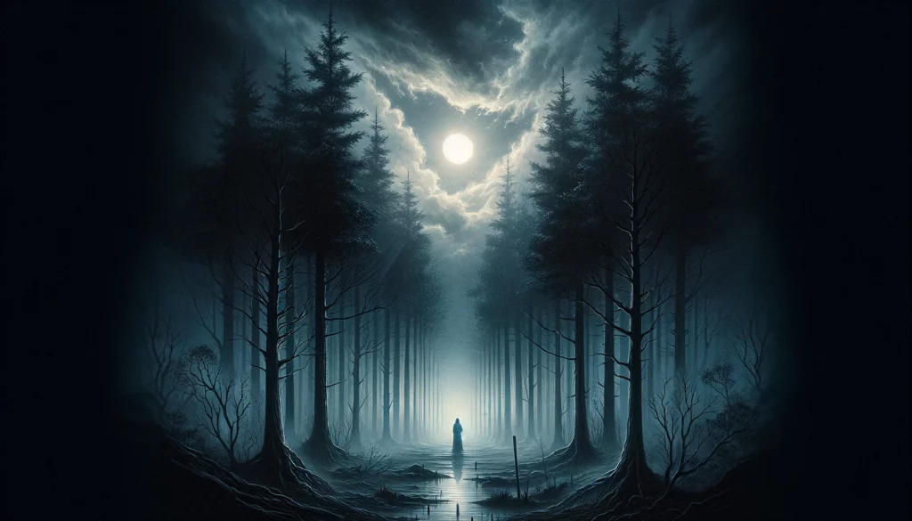  "A thought-provoking visualization depicting a figure at the edge of a dark, fog-enshrouded forest, symbolizing the fear of moving forward and the obscured path to personal growth. The imagery perfectly captures the essence of contemplation and the potential that lies in embracing transformation. Through its evocative depiction, viewers are prompted to reflect on the complexities of navigating uncertainty and the opportunities for growth inherent in embracing change."