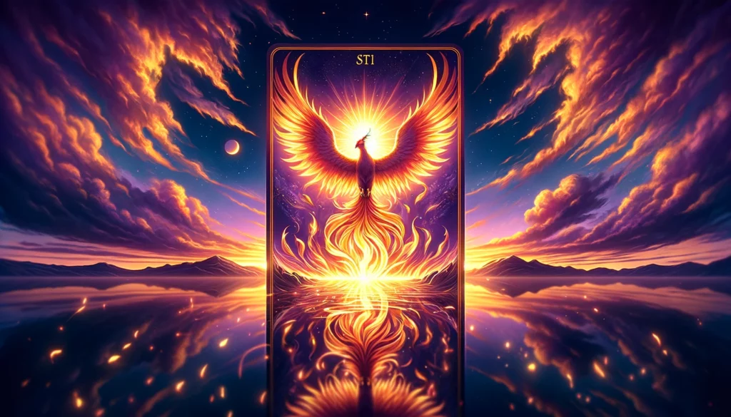 "A powerful visualization showcasing a phoenix rising from flames against the dawn sky, symbolizing transformation, renewal, and the realization of one's true potential. The imagery perfectly captures the essence of hope, clarity, and vibrant energy associated with the Upright Judgement card in tarot. Through its evocative depiction, viewers are invited to contemplate the profound journey of awakening and personal growth, illuminated by the transformative power of embracing change."