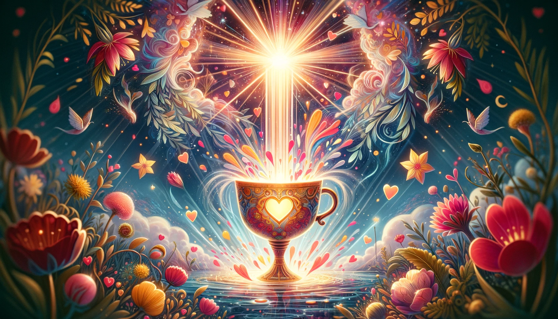 "Illustration portraying the essence of overflowing emotion and unconditional love depicted by the Ace of Cups. Set within a magical landscape, it symbolizes the boundless and nurturing nature of emotional connections, heralding new beginnings, happiness, and fulfillment."