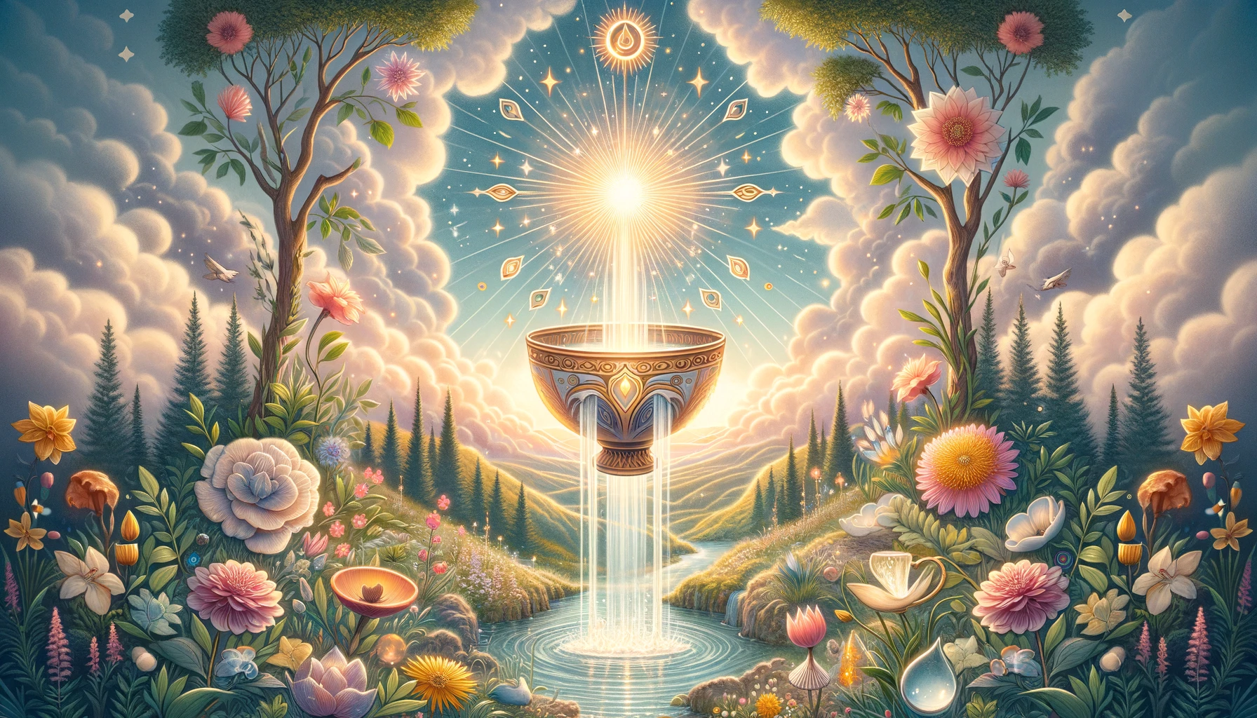 "Illustration representing the Ace of Cups symbolizing emotional beginnings and the nurturing of new relationships. A radiant, overflowing cup amidst a serene landscape conveys a sense of profound emotional and spiritual renewal, embodying the essence of love, healing, and the awakening of the subconscious."
