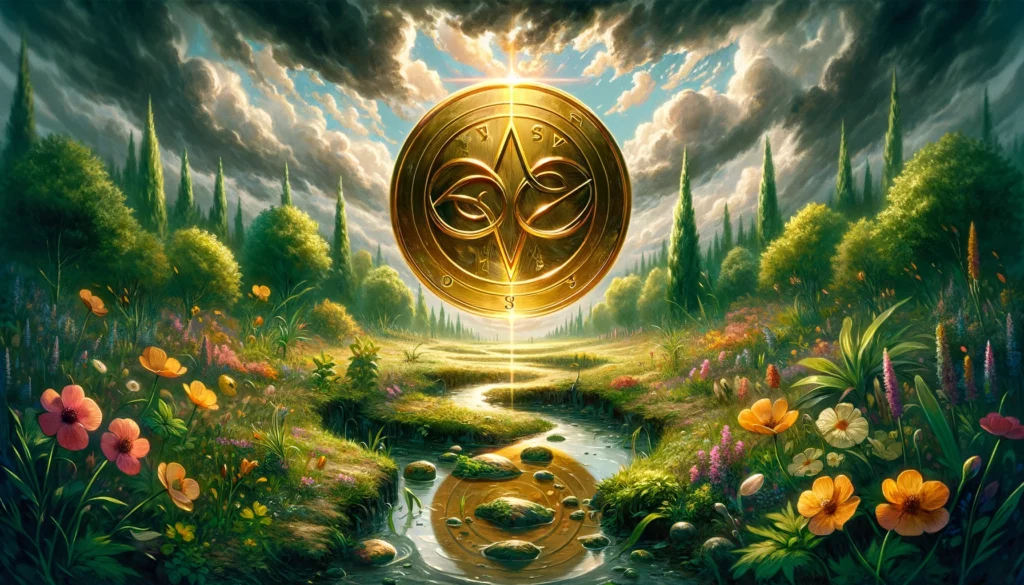 An image showing a golden pentacle with a dimmed glow, set against a backdrop of neglected landscape with overgrown paths and stagnant water. Symbolizing missed opportunities and financial setbacks, the scene suggests challenges in material endeavors and the hurdles one might face in achieving financial stability or success.