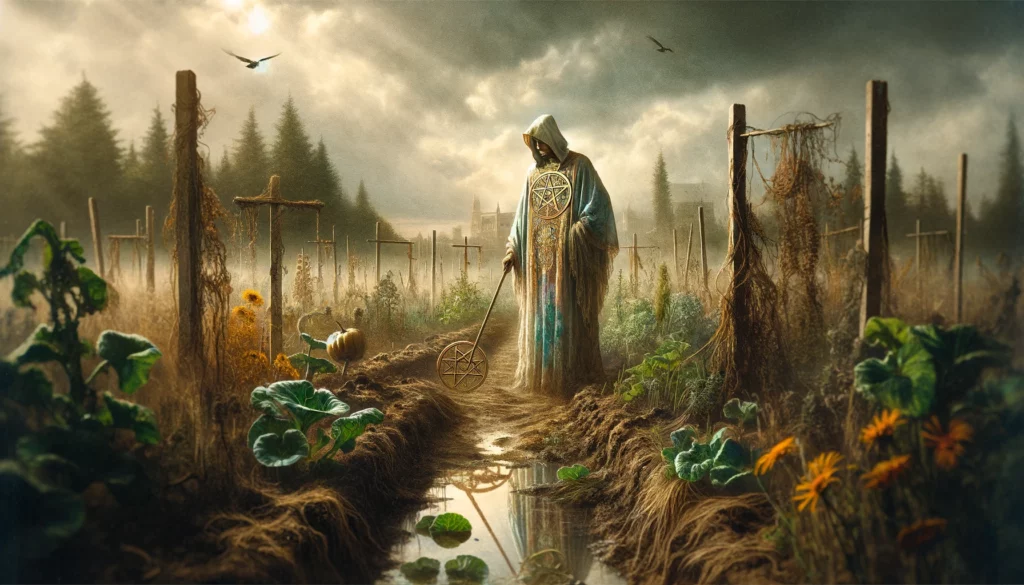  An illustration representing reassessment, unrealized potential, and the pursuit of a new path to prosperity, featuring a character amidst a neglected setting that was once flourishing, symbolizing the need for change and hope amidst setbacks, as depicted by the reversed Ace of Pentacles.






