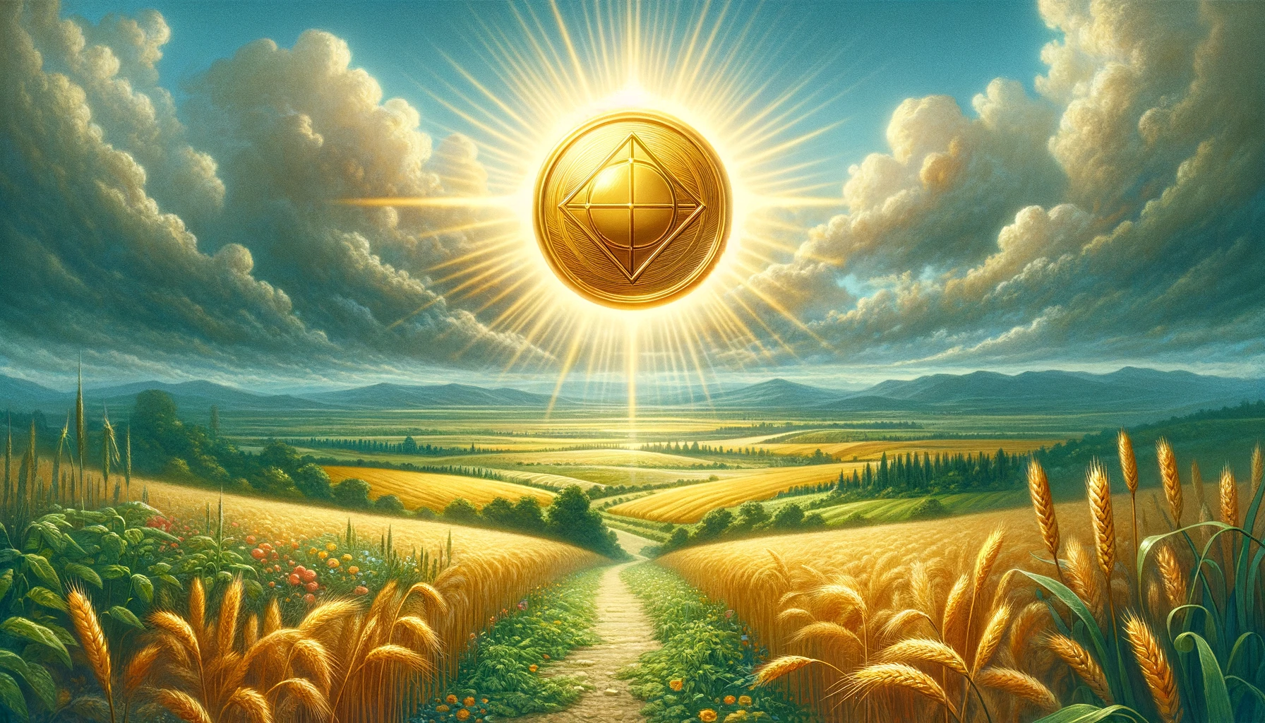 An illustration featuring a radiant golden pentacle surrounded by a halo of light, set against a backdrop of fertile landscape with golden wheat fields, lush greenery, and a clear blue sky. Symbolizing prosperity and hope, the scene embodies the desire for stability and material success, illustrating the yearning for new beginnings in financial or physical realms. The path leading to the pentacle represents the journey towards these aspirations and the commitment required to achieve them.