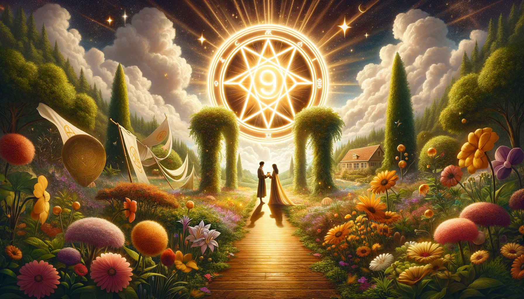 An illustration depicting the journey of growth, prosperity, and the realization of shared dreams within a relationship, set in a magical garden symbolizing the flourishing and fertile nature of love, as portrayed by the Ace of Pentacles in a romantic context.