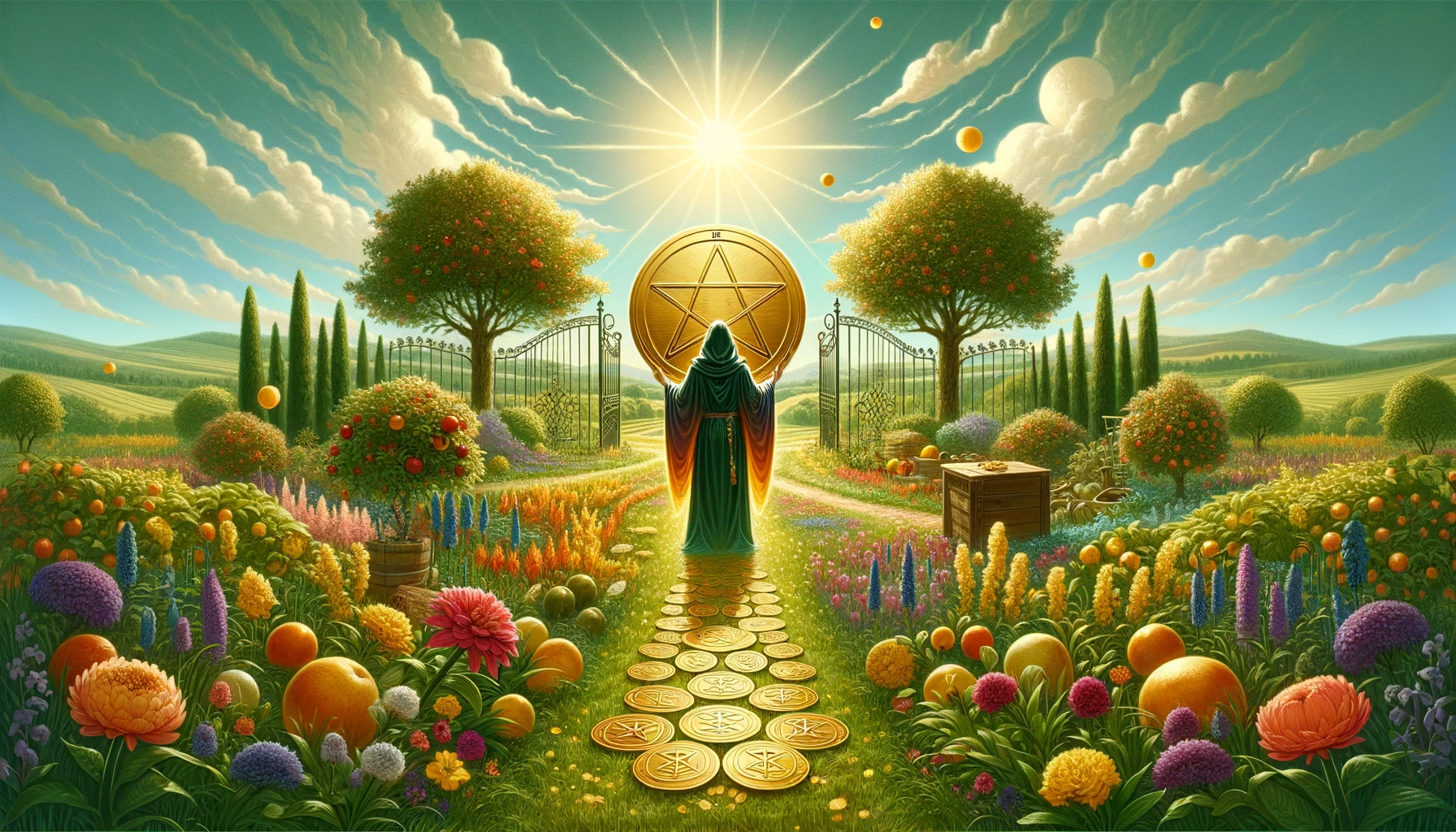 An image depicting the essence of abundance, grounding, and the potential for new financial beginnings, showcasing a vibrant, flourishing garden setting as a visual representation of prosperity, opportunity, and material success embodied within the Ace of Pentacles.