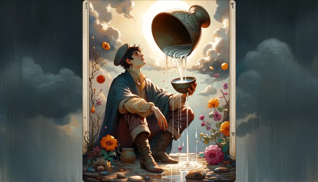 "Illustration depicting a character symbolizing emotional challenges and blockages, represented by a reversed cup and subdued surroundings, hinting at lost opportunities and the need for internal reflection and healing, yet suggesting hope and potential for emotional growth."