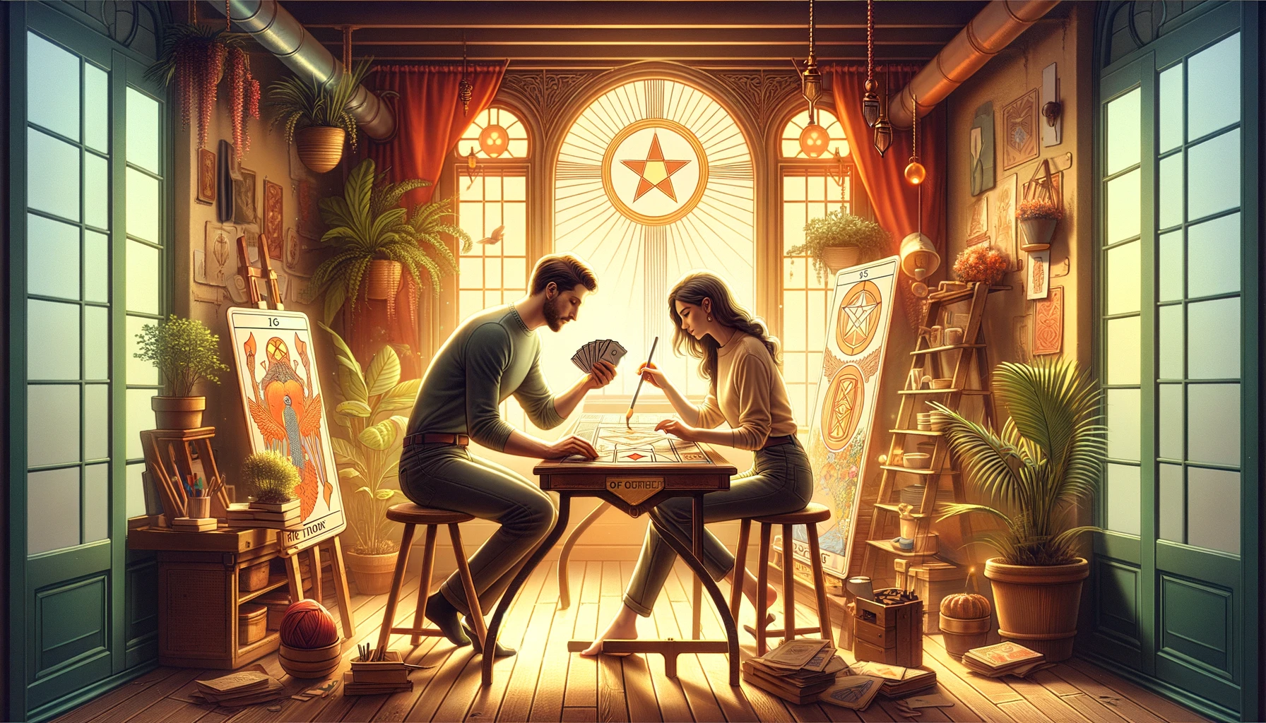 The image shows two individuals standing side by side, engaged in a collaborative task within a warm and inviting environment. They are both focused and determined, with expressions of concentration and unity. Each person contributes actively to the project, symbolizing commitment to growth and the value of hard work in nurturing their relationship. The setting is filled with positive energy, with vibrant colors and a sense of harmony, reflecting the joy of achieving goals together. This visualization embodies themes of teamwork, perseverance, and the satisfaction derived from a partnership where both individuals are invested in their collective journey and the continuous improvement of their bond.