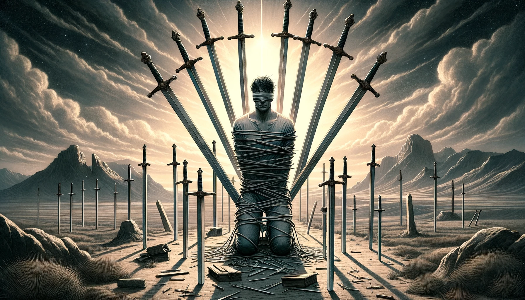 "Illustration portraying a person surrounded by swords, bound and blindfolded, symbolizing feeling trapped, restricted, and overwhelmed by internal conflicts and fears. The image captures the emotional struggle depicted in the Eight of Swords tarot card, emphasizing the journey towards emotional liberation and clarity."