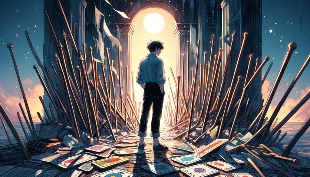 The image portrays an individual surrounded by wands in disarray, symbolizing delays, hesitation, and disrupted flow in action and communication. Against a backdrop of tangled pathways and blurred lines, obstacles and miscommunications are evident. However, there's a subtle hint of hope, suggesting the possibility of overcoming setbacks with reflection and adjustment. The visual representation enriches the article by illustrating the challenges in moving forward while highlighting the potential for growth and resolution amidst adversity.