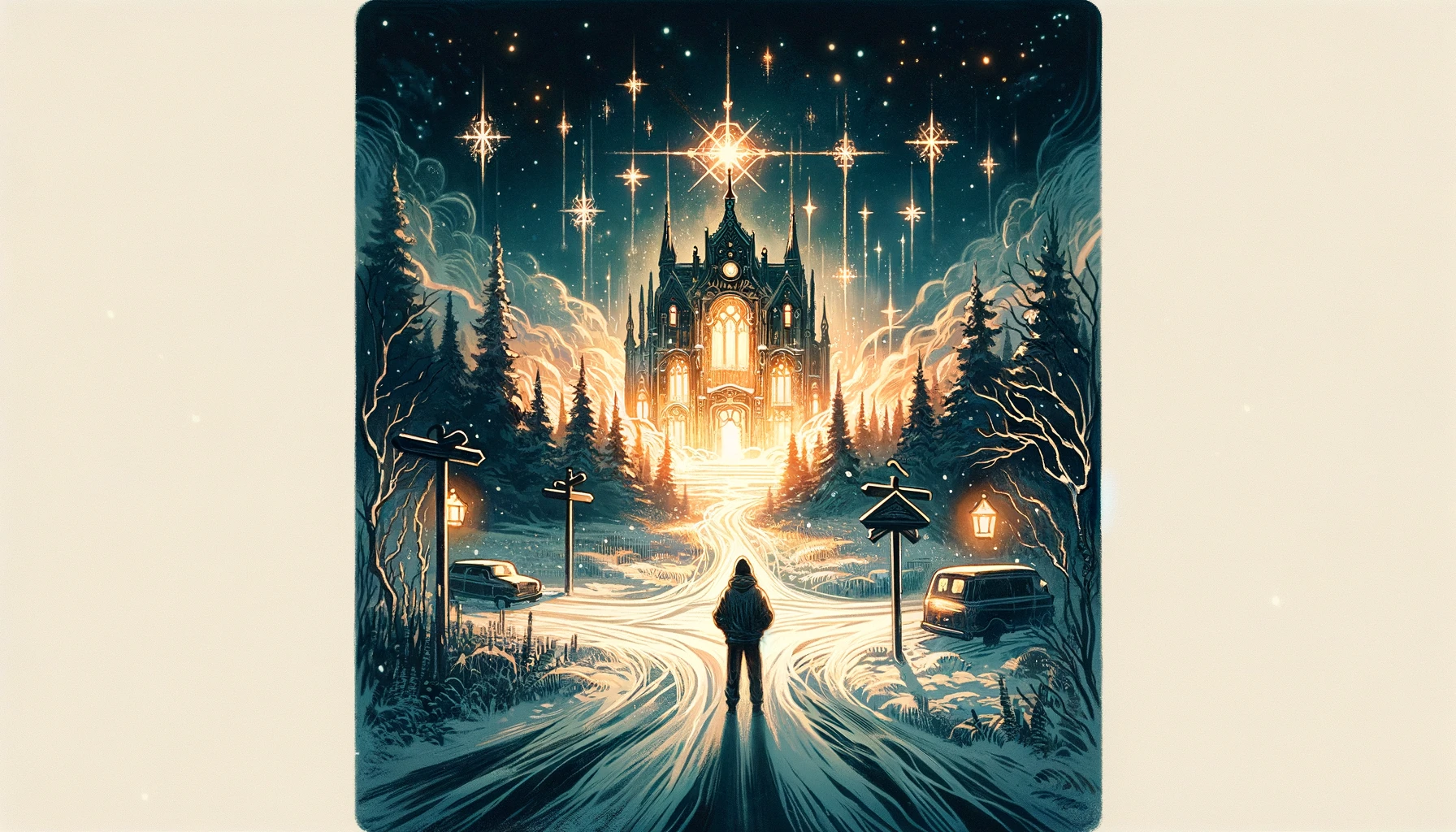 Individual at crossroads gazes towards warmly lit building in cold environment, symbolizing desire for security, support, and belonging. Captures essence of seeking assistance, overcoming adversity, and longing for valued support, themes of Five of Pentacles.