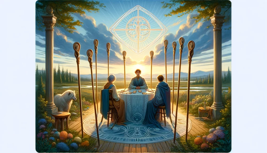 An image illustrating the resolution of conflict and the pursuit of harmony, showing individuals engaging in peaceful dialogue. The visual depicts a calm environment, symbolizing the shift away from competitive tensions towards understanding and cooperation. The backdrop emphasizes the importance of conducive environments for resolving misunderstandings.