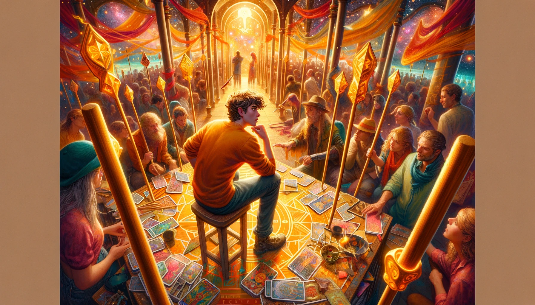An image illustrating an individual's passion for challenge and personal growth, showing lively interaction and dynamic energy in overcoming obstacles. The backdrop is filled with vibrant movement and engagement, capturing the essence of the Five of Wands tarot card.
