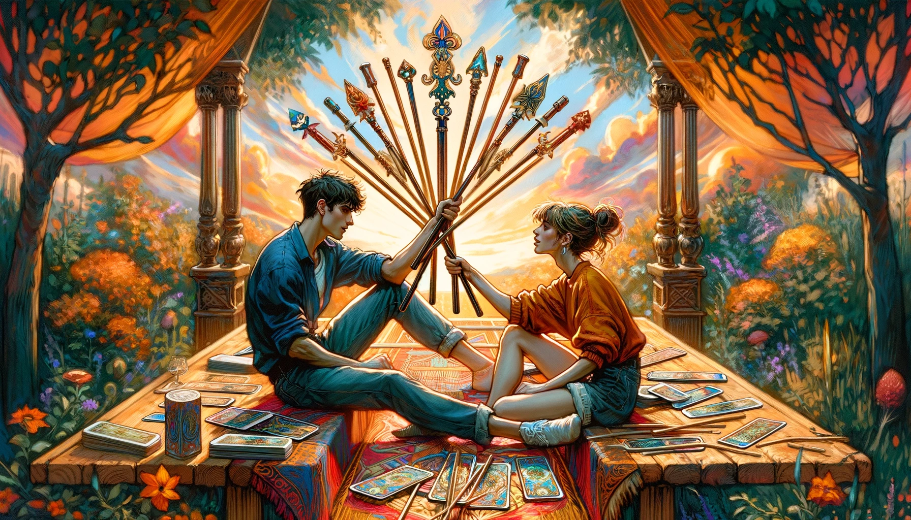 An image showing a couple engaged in lively discussion or playful competition. The visual highlights dynamic interaction within a relationship, emphasizing the constructive nature of addressing disagreements openly and the potential for deeper understanding and connection through facing relationship dynamics head-on.