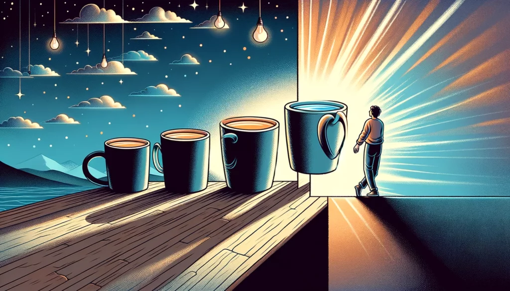  "An illustration portraying a figure transitioning from introspection to engagement, reaching out to a fourth cup symbolizing newfound openness to change. The scene evolves from a darker, contemplative setting to a brighter, more hopeful atmosphere, reflecting the shift from reflection to action and embodying a positive change in attitude towards embracing new opportunities and potential for growth."





