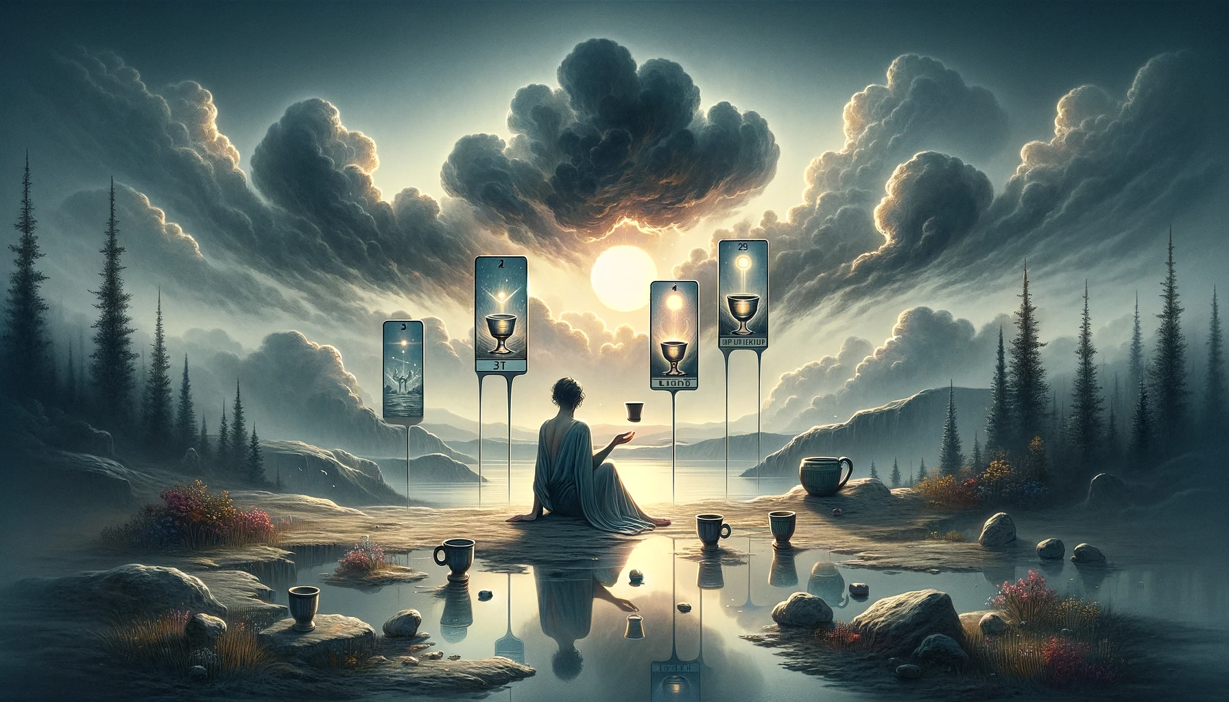 "An illustration depicting introspection and emotional exploration. A figure sits in reflection, surrounded by three cups representing current emotional states, with a fourth cup offered from a cloud symbolizing new insights. The subdued setting reflects contemplation and solitude, suggesting a journey towards understanding and potential growth."