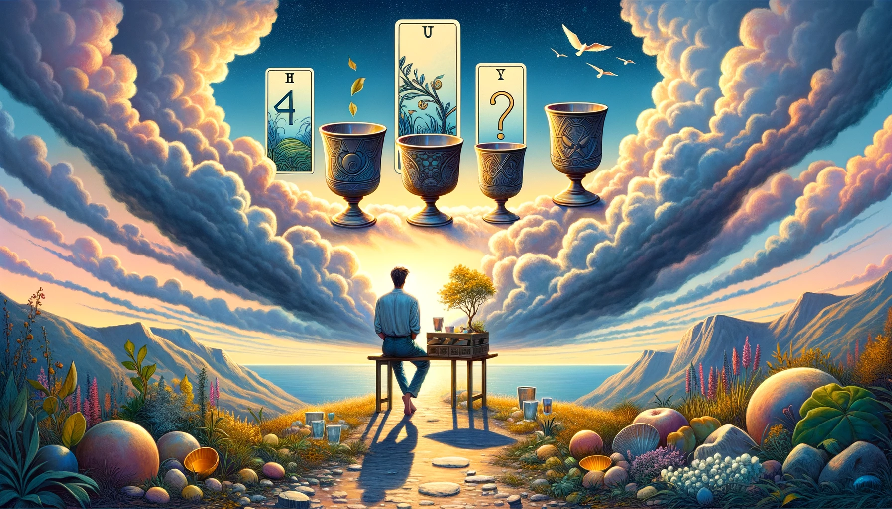 "An illustration depicting inner conflict and contemplation, featuring a figure in introspection surrounded by three cups representing current achievements or relationships, while a fourth cup symbolizes an unseen opportunity being offered. The setting exudes a sense of reflection, suggesting the individual's internal deliberation over desires and the potential for change. Despite themes of hesitation, subtle elements within the image hint at the possibility of realization and the embrace of new prospects, indicating a journey towards finding balance and fulfillment."