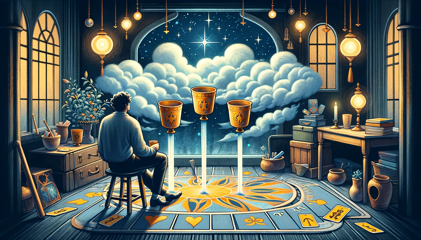 "Artwork depicting a person in contemplation, surrounded by three cups symbolizing indifference to current offers, while a fourth cup is presented from a cloud, signifying an overlooked opportunity. The setting suggests introspection and missed connections, hinting at the need for awareness and openness to change. Despite initial reluctance, hints of realization and potential for embracing new prospects are depicted, suggesting the possibility of a shift in perspective."