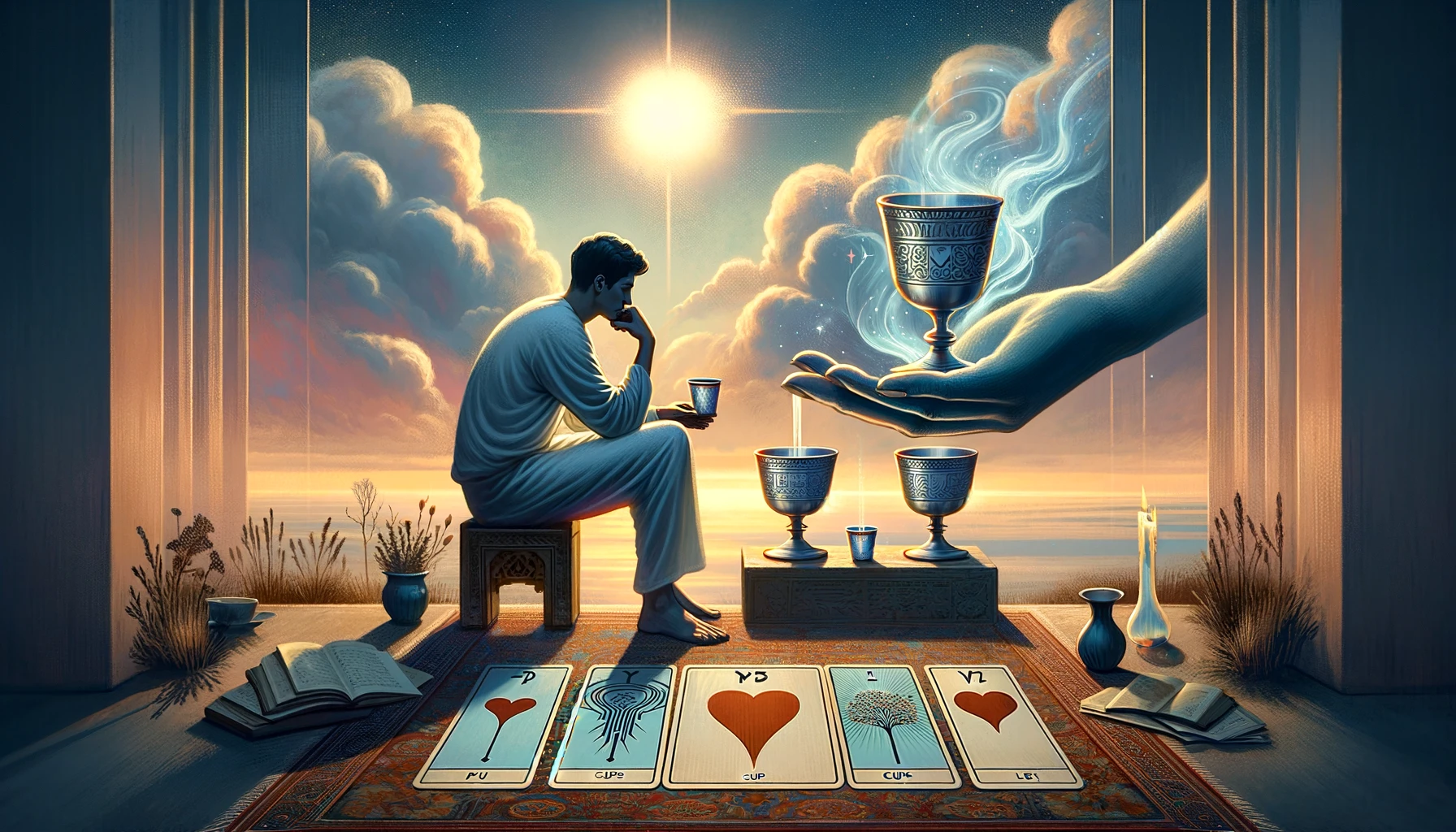 "Artwork showing a figure contemplating three cups before them, while a fourth cup is offered by a hand from a cloud, symbolizing missed opportunities and potential for new love. The scene conveys themes of introspection, emotional stagnation, and the possibility of awakening to new prospects with awareness and openness."