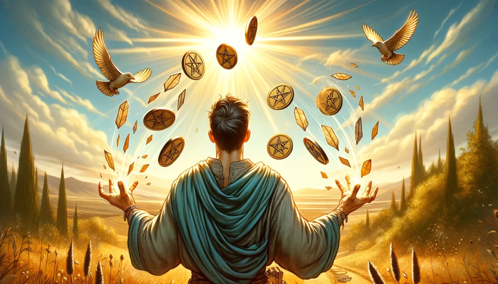 A person releasing pentacles from their hands against a sunny landscape, symbolizing letting go of tight control over possessions and embracing change and generosity. Reflects the sense of freedom, relief, and anticipation for growth associated with the Four of Pentacles Reversed.