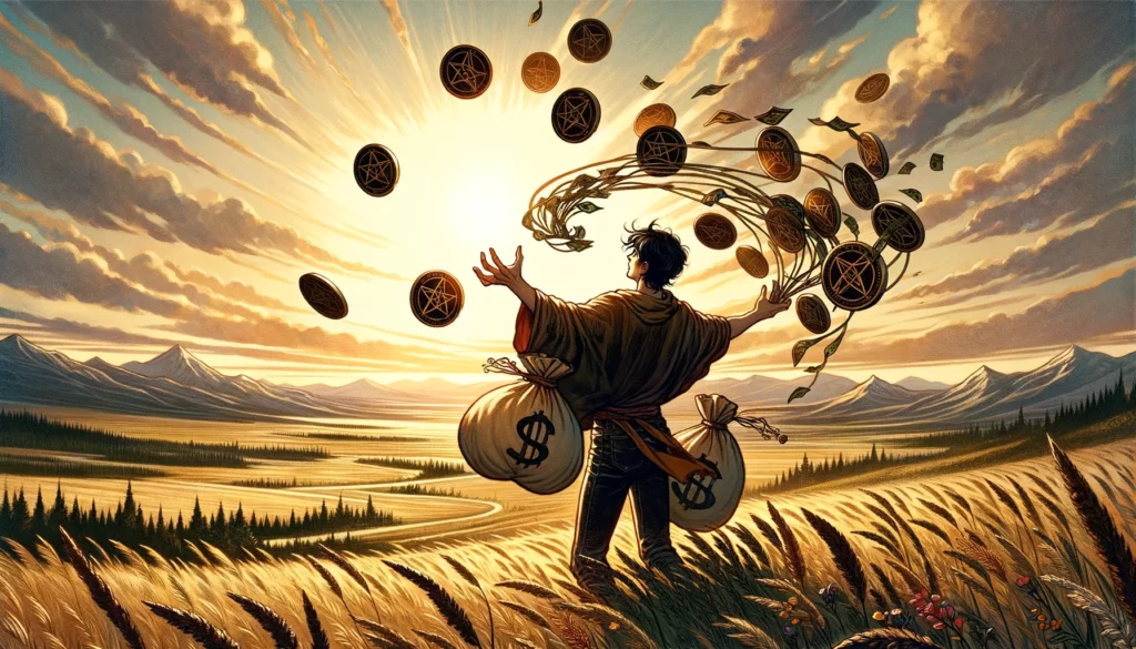  A character stands in an open field, releasing pentacles into the wind, symbolizing letting go of material possessions and embracing change. Embodies freedom and growth from openness to change, suggesting a positive "Yes" in contexts where releasing control leads to beneficial outcomes.